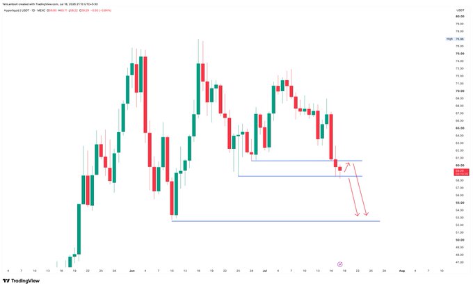 A TradingView chart of HYPE/USD on Coinbase ($67.16, -$1.83, -2.66%) from July to early August shows a bearish daily close with red arrows indicating expected rejection and downward momentum toward lower support levels around $53.