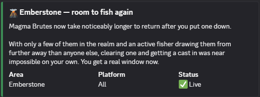 A patch note titled "Emberstone — room to fish again" announces that Magma Brutes now take noticeably longer to respawn, giving fishers a realistic window to land a cast at the Emberstone area (Live on All platforms). The note relates to the post's discussion of Kintara QoL updates, suggesting the fishing fix is one of the improvements being celebrated alongside duplicate mounts.
