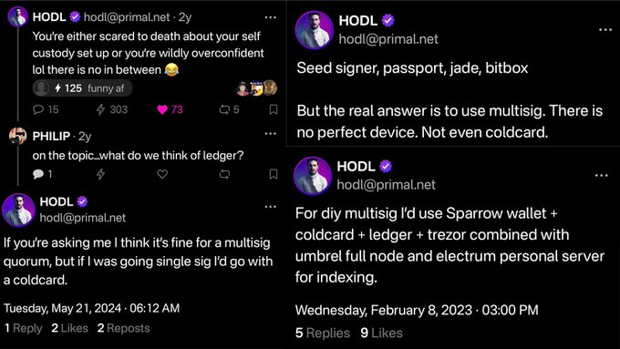 A collection of Nostr posts from user "HODL" (hodl@primal.net) discussing crypto custody, multisig setups, and hardware wallets including Sparrow, Coldcard, Ledger, and Trezor.