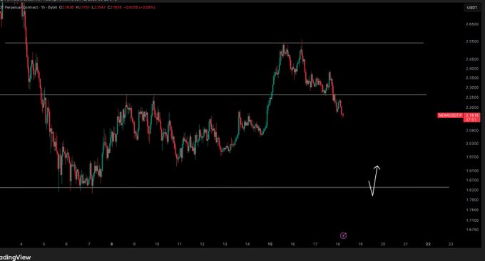 A screenshot of a stock chart indicating a downward trend showing a red line with an upward arrow pointing towards it. The text on the screen reads, "NEAR / $USD - Update While we are below $2.16 i am now bearish." This might indicate that there is a nearby currency which has depreciated against the US dollar and this could be a warning signal for investors to sell their assets in such currency before it depreciates further.