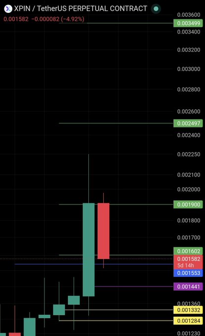A candlestick chart of the XPIN/USDT perpetual contract showing a -4.92% decline to 0.001582, with price levels marked at 0.003499, 0.002497, 0.001900, 0.001602, 0.001553, 0.001441, 0.001360, 0.001332, and 0.001284, illustrating the recent pullback following the bullish breakout and retest mentioned in the trading post.