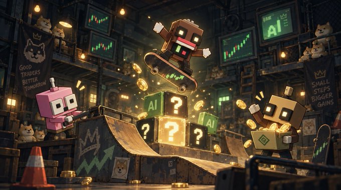 A digital artwork depicts blocky, cartoonish characters skateboarding in an industrial setting, surrounded by floating coins, monitors displaying 'AI' charts, and banners reading 'GOOD TRADERS BETTER TOMORROW' and 'SMALL STEPS BIGGER GAINS'.