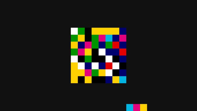 A mosaic of colorful pixels, including yellow, green, pink, blue, red, white, and black, arranged in a grid pattern on a black background, with a smaller matching pixel trio in the bottom right corner—representing the NFT artwork sold by @jackbutcher via X Money.