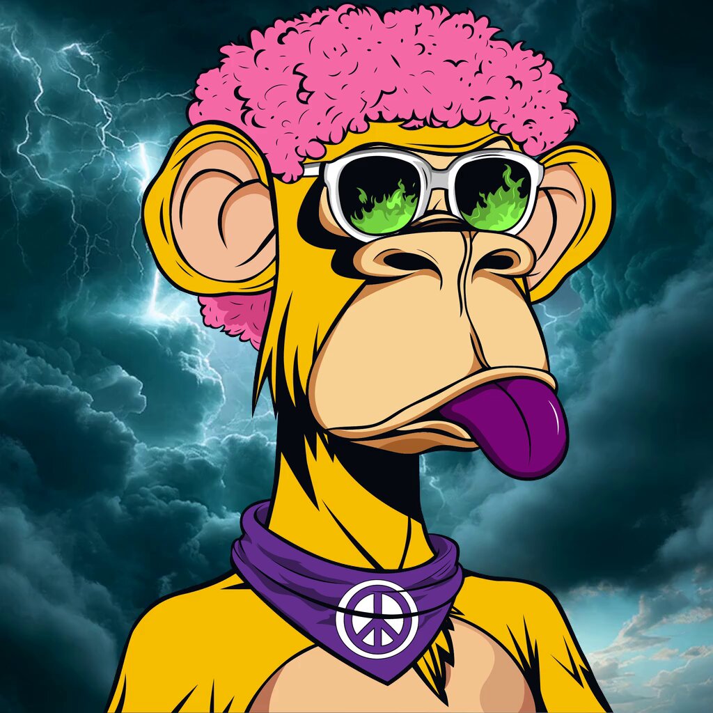 The image features a cartoon monkey with pink hair, wearing sunglasses and a bandana that says "peace". The monkey has its tongue out and appears to be sticking its tongue out at the viewer. The background of the image shows a sky filled with clouds, creating an atmosphere reminiscent of a psychedelic art piece or a dreamy scene. The caption below the image reads: "Accessible entry. Premium vibes. Hippie Apes Deluxe on @base - psychedelic PFP art that actually gets noticed. You don't need a massive bag to join a culture worth repping Who's browsing the collection today?".