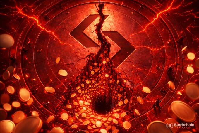 A dramatic digital artwork featuring a red, lava-like vortex with a stylized 'S' logo and the 'Blockchain' watermark in the corner.