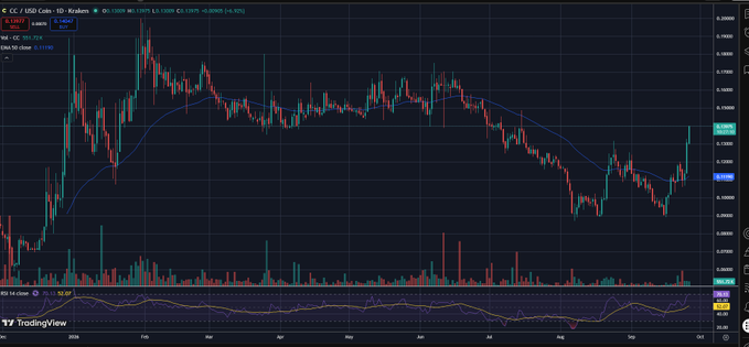 A TradingView candlestick chart for ADA/USD on Kraken showing a recent price increase, with RSI indicator at the bottom.