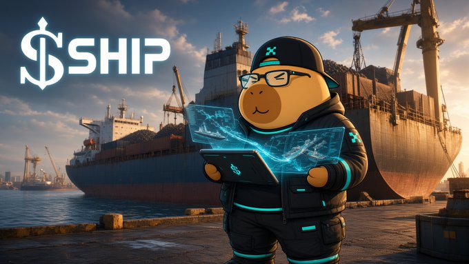 A cartoon bear mascot wearing glasses and a cap holds a holographic display and tablet, with the "$SHIP" token logo in the corner, set against a shipping port background with cargo ships and cranes.