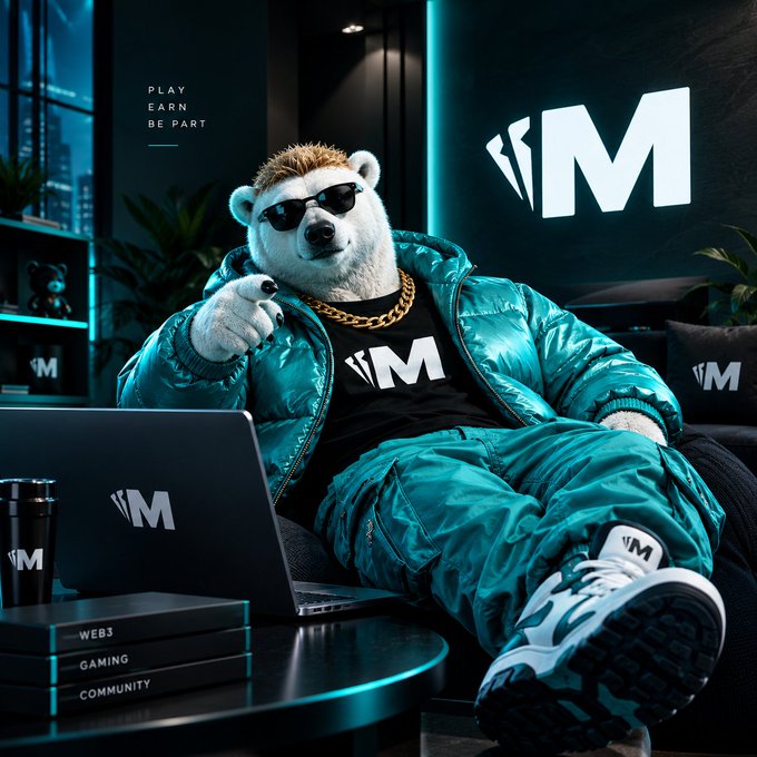 An AI-generated image of a polar bear wearing sunglasses, a gold chain, and a teal puffer jacket, posing with a laptop displaying an 'M' logo and text 'PLAY EARN BE PART'.