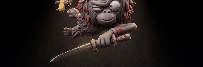 A 3D-rendered character of a furry creature holding a knife, with a small yellow bird perched near it.