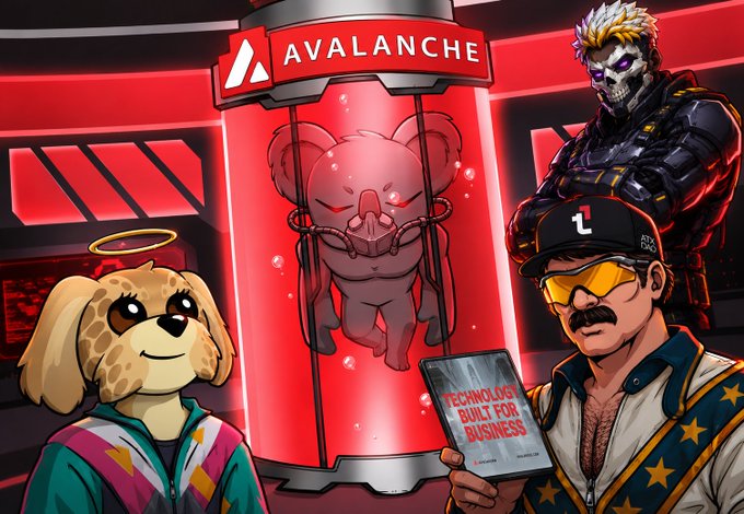 A cartoon koala with a halo, a masked character, and a mustachioed man in a captain's hat stand around a glowing red "AVALANCHE" containment pod holding a koala figure, while the man holds a tablet reading "TECHNOLOGY BUILT FOR BUSINESS." The image ties to Avalanche's announcement of its next chapter, visually representing the platform's push into enterprise, payments, gaming, and other real-world business applications.
