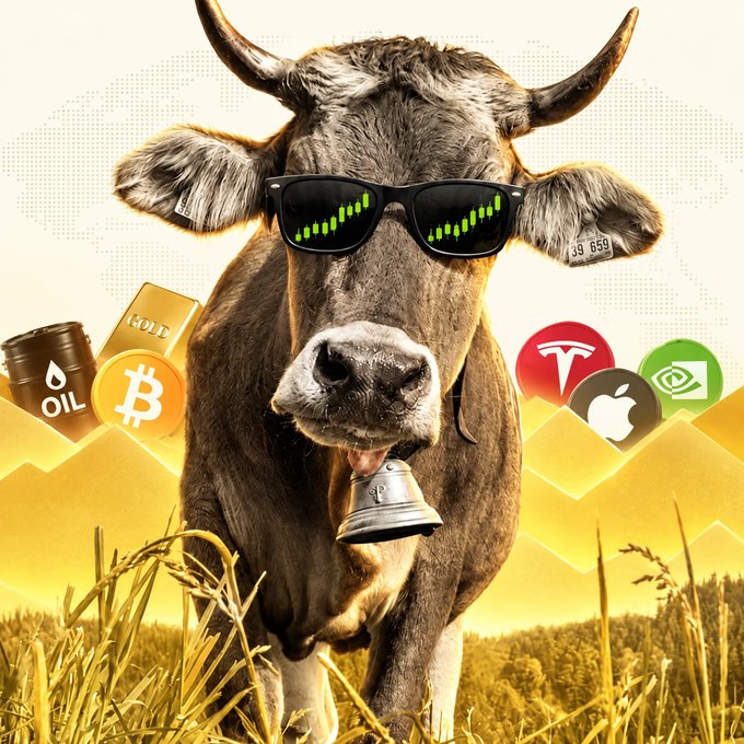 A cow wearing shades holds a bell in its mouth, surrounded by gold bars, oil, Bitcoin, Tesla, Apple, and NVIDIA logos over an upward-trending chart — symbolizing the "bullish wake-up" of altcoins teased in the GM post.
