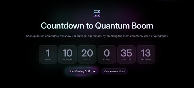 The image displays a banner containing text providing information about a countdown timer for Quantum Boom event. The title of the countdown states " Countdown to Quantum Boom" with the time remaining displayed as 10 days, 20 minutes, 0 hours, 35 minutes, and 13 seconds. The image also contains a screenshot of a website that says "quipnetwork just made it a present day infrastructure conversation". It seems this post is discussing how quip network has already started to deal with the biggest long-term threat: Quantum decryption which could potentially pose a serious security risk for Bitcoin and blockchain technology if not adequately addressed.