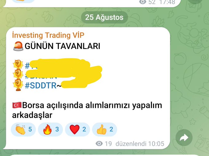 A Turkish-language messaging app screenshot dated "25 Ağustos" shows an "investing Trading VIP" group post titled "GÜNÜN TAVANLARI" with hashtags including "#SDDTR~" and a message beginning "🇹🇷Borsa açılışında alımlarımızı yapalım arkadaşlar".