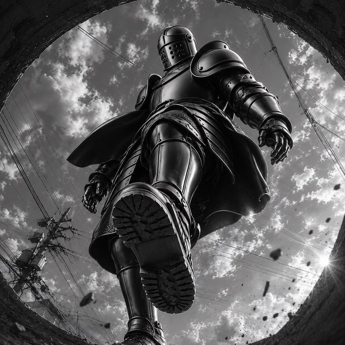 The image features a man wearing a knight's outfit, which includes a helmet with a metal plate at the top and a metal plate on his foot. The man appears to be walking or running through an open space, possibly a tunnel or a hole in the ground. In the background, there is a power line that adds depth to the scene. The image also contains text that reads "gM Today will spin the wheel on @skillstkr website for some Taco $STKR what NFT are you minting today?". This suggests that the man might be participating in an event or promotion related to the post, possibly involving a gaming element or a promotional activity.