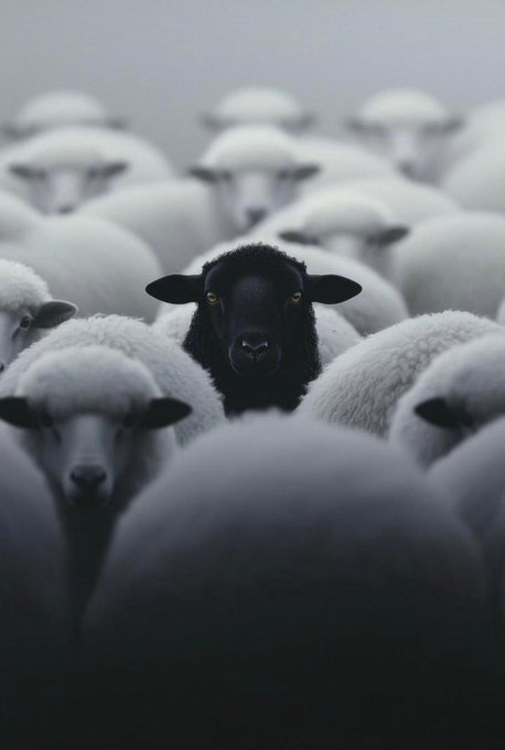 A black sheep stands out among a flock of white sheep in a misty, atmospheric setting.