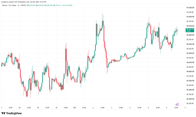 A TradingView candlestick chart of Bitcoin (BTCUSD) showing recent gains of +0.05%, with prices ranging roughly $2,700 to $7,500 on the y-axis.