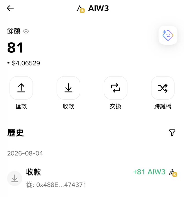 A cryptocurrency wallet screenshot showing an AIW3 DEX balance of 81 tokens (≈ $4.06529), with a transaction history displaying a received airdrop of +81 AIW3 on 2026-08-04 from address 0x488E...474371, visually confirming the small airdrop mentioned in the post.