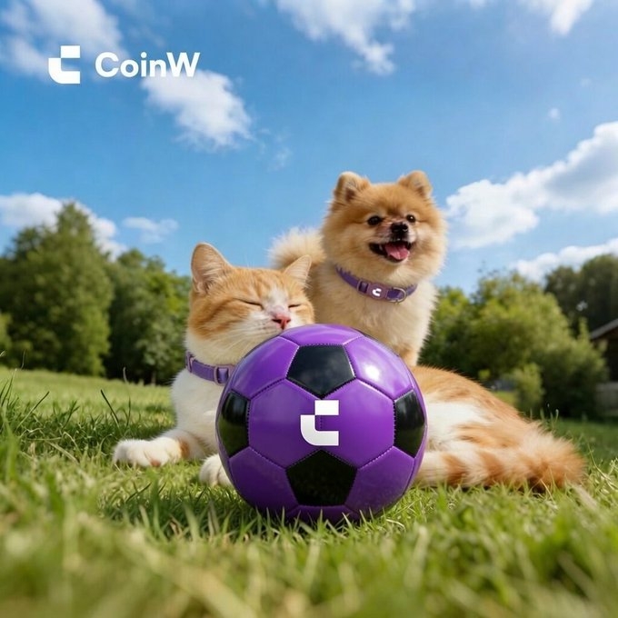 A fluffy orange Pomeranian and a content orange and white cat lounge on lush green grass with a purple soccer ball featuring the CoinW logo, set against a bright blue sky. The "CoinW" branding appears in the top-left corner, tying the cheerful pet scene to the post's bullish message about football and the CoinW exchange.