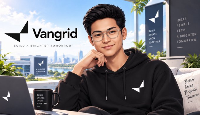 A promotional image for 'Vangrid' showing an illustrated young man in a black hoodie with a star logo, alongside text reading 'BUILD A BRIGHTER TOMORROW' and 'IDEAS PEOPLE TECH A BRIGHTER TOMORROW'.