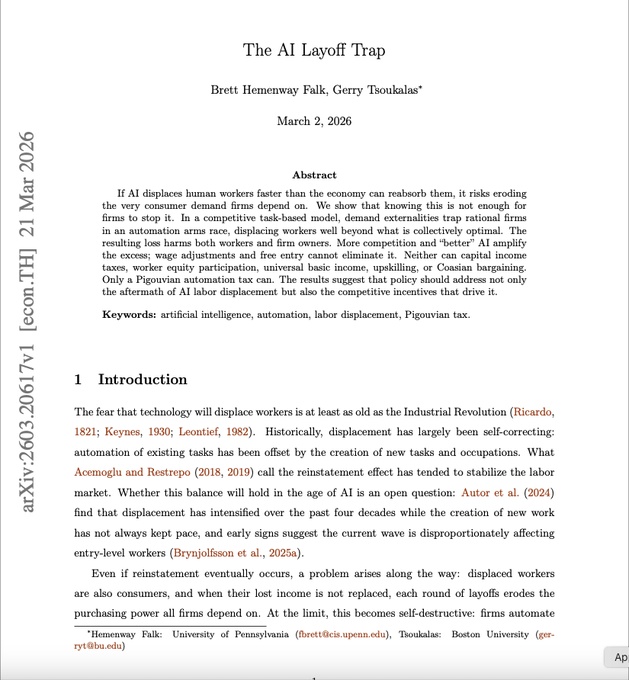 The image shows a page of text with an orange border that reads "The Al Layoff Trap". The text appears to be discussing the topic of AI safety, which has been a popular subject for discussion among academics and industry professionals. The focus on AI safety seems to have shifted from the immediate systemic economic risks to the existential risk posed by AI technology itself.