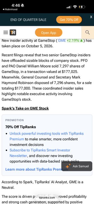 A TipRanks article reports that two senior GameStop (GME) insiders—PFO Daniel William Moore (7,297 shares) and General Counsel Mark Raymond Robinson (7,296 shares)—sold a combined $177,000 worth of stock on October 5, 2026, though TipRanks' AI Analyst Spark maintains a Neutral rating on GME. The caption notes the post views the insider selling story as coordinated FUD against GameStop.