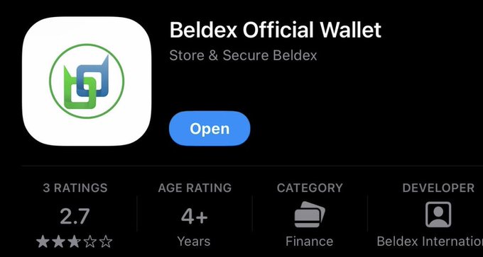 An app store listing for the 'Beldex Official Wallet' to store and secure Beldex, rated 2.7 stars by 3 ratings in the Finance category.