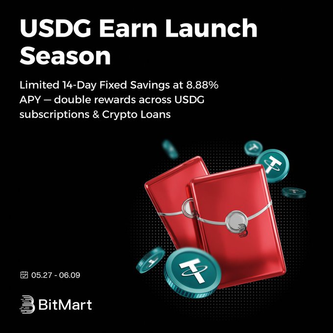The image features a red wallet with two blue coins inside, creating an appealing scene for promoting the USDC Earn Launch Season that is currently live and lasts from May 27 through June 9. The wallet symbolizes the concept of saving or budgeting in the context of investing in the Bitcoin market. The BIRMART website is also highlighted, indicating a platform to engage with or invest in these coins. The image and text emphasize the value of investing time (15 days) for potential gains (8.88% APY).