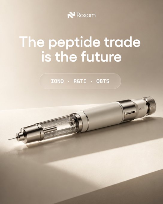 Advertisement for Roxom reading 'The peptide trade is the future' with tickers 'IONQ · RGTI · QBTS' displayed above an image of a metallic syringe-like device.