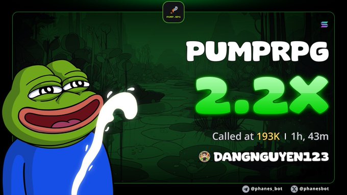 A promotional graphic for 'PUMPRPG' featuring a Pepe the Frog character holding a white substance, with large green text displaying '2.2X', 'Called at 193K | 1h, 43m', and 'DANGNGUYEN123'.