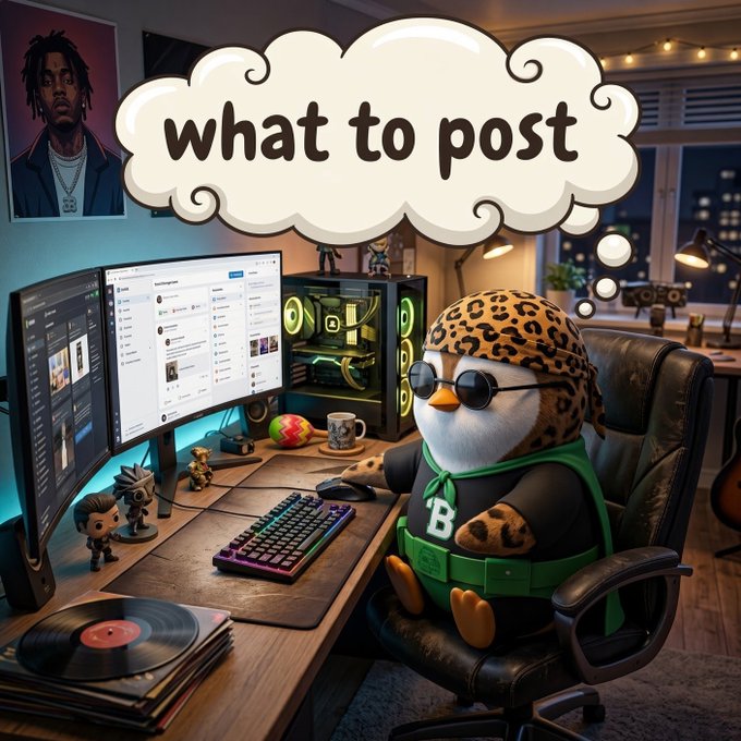 A digital illustration of a penguin wearing sunglasses, a leopard-print hat, and a green belt with a 'B' logo, sitting at a computer desk with a thought bubble reading "what to post".
