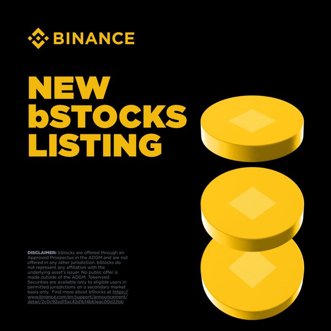 Binance promotional image with a black background featuring the Binance logo, bold yellow text reading "NEW bSTOCKS LISTING," and three stacked yellow coins displaying the Binance diamond symbol. A disclaimer at the bottom notes that bStocks are offered through an Approved Prospectus in the ADGM and are not offered in other jurisdictions, with a link for more information.