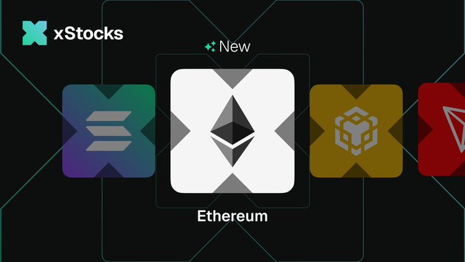 An xStocks platform banner showcasing tokenized stock assets with Ethereum highlighted as 'New' in the center, alongside icons representing other tokenized assets.