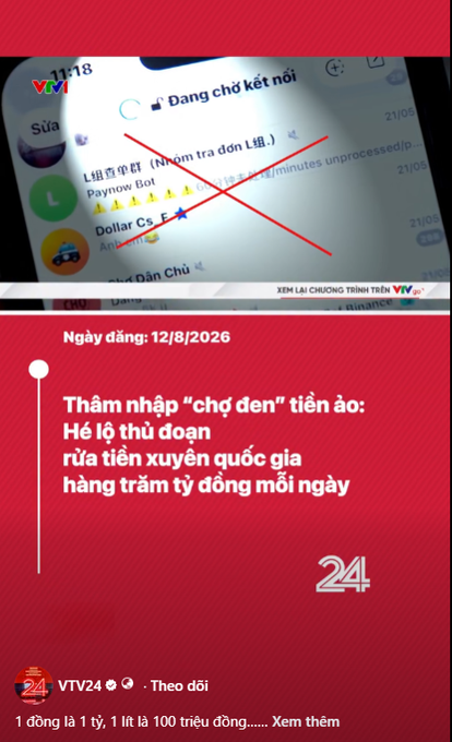 A Vietnamese news graphic from VTV24 dated 12/8/2026, featuring a screenshot of a phone with a red 'X' over apps, headlined 'Thâm nhập "chợ đen" tiền ảo: Hé lộ thủ đoạn rửa tiền xuyên quốc gia hàng trăm tỷ đồng mỗi ngày'.