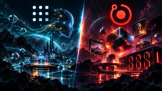 Stylized futuristic artwork split into two halves — a blue/teal side featuring a humanoid profile, geometric logo, and cosmic cityscape, contrasted with a red/orange side showing a Beatport-style logo, cube graphics, and what appears to be a sculptural bust.