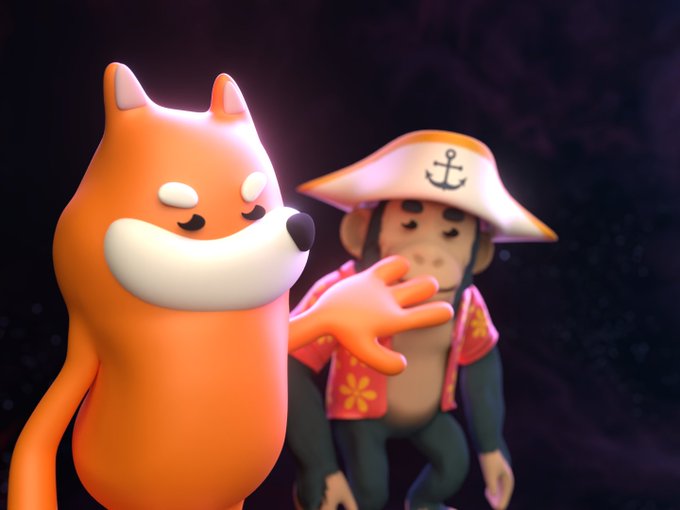 A stylized 3D orange Shiba Inu dog stands prominently in the foreground while a smaller monkey character wearing a pirate hat with an anchor symbol and a floral red vest covers its face in the background, matching the "Let The Dog Cook" post by playfully positioning the canine as the main focus.