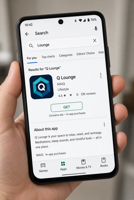 A hand holding a smartphone displaying the Google Play Store page for the 'Q Lounge' app by MAIQ, described as 'your space to relax, reset, and recharge' with a 4.6 star rating and 12K reviews.