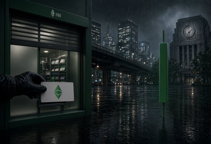 A dark, moody digital artwork showing a gloved hand holding an Ethereum (ETH) card near an SBI storefront, with a cityscape, clock tower, and bridge in the rainy background, alongside a green vertical bar.