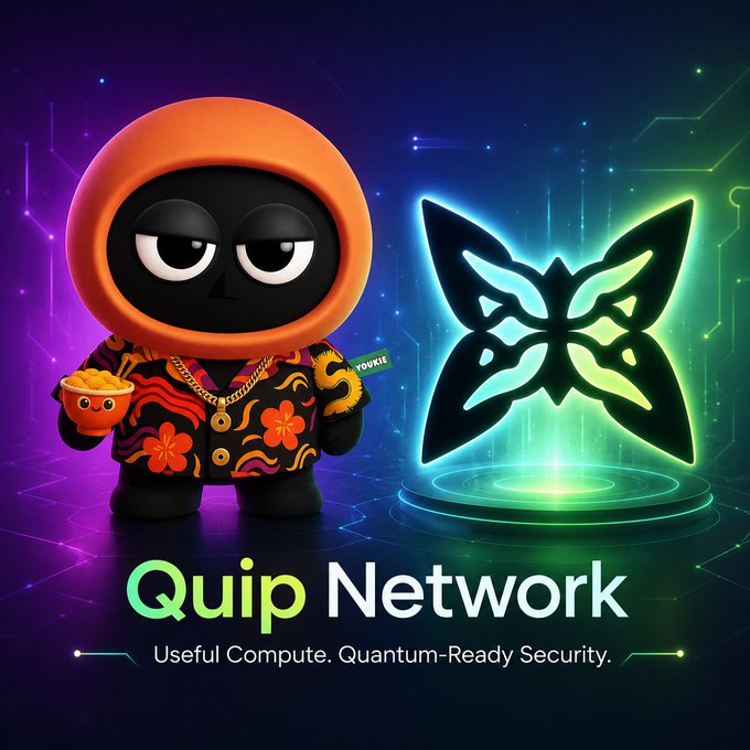 The image features a cartoon character dressed in an orange hoodie with a flower pattern standing next to a butterfly-shaped logo that says "quip network" written in green text. The character appears to be holding a bowl, possibly containing food or drink. The background of the image is dark and colorful, creating a visually striking contrast between the cartoon character's vibrant outfit and the butterfly logo.