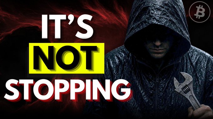 A hooded figure holding a wrench stands against a dark, fiery red background with the bold text "IT'S NOT STOPPING" and a Bitcoin logo in the corner. The ominous, warning-style thumbnail ties into the post about live-streamed guidance from Bitcoin self-custody experts on defending against home invasions and scams targeting BTC holders.