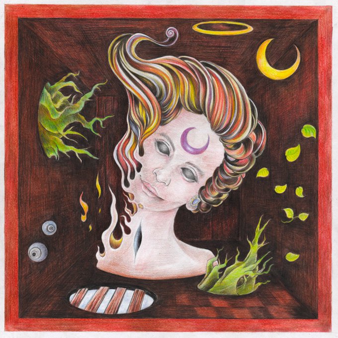 Surreal watercolor and pencil painting of a pale woman with colorful flowing hair and a crescent moon on her forehead, surrounded by green flames, leaves, and a yellow crescent moon in a dark wooden frame.