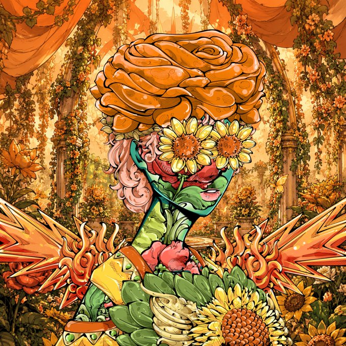 A surreal digital illustration of a figure with a brain-like rose head and sunflower glasses, set against a warm-toned greenhouse background.