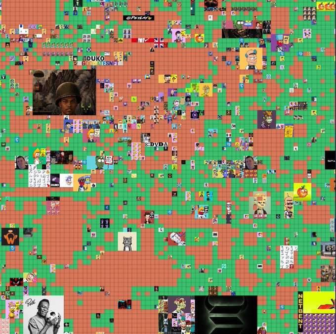 The user wants a caption describing the image and its relation to the provided text.

1.  **Analyze the Image:**
    *   The image is a massive grid, resembling a pixel art or a mosaic made of small squares.
    *   The background is primarily green and orange/brown, which looks like a Minecraft landscape (grass and dirt blocks).
    *   Scattered across this grid are hundreds of tiny images, icons, logos, and text snippets. These look like thumbnails from YouTube, Twitch, or other social media content creators.
    *   There are recognizable figures: a soldier (Call of Duty?), a soccer player (looks like Pele or a similar footballer), a cat (Nyan Cat?), a rocket (Doge?).
    *   There are text overlays: "@Peyl4v" (top center), "DUKO CHATESNO" (middle left), "DVDA" (middle), "NETDENT