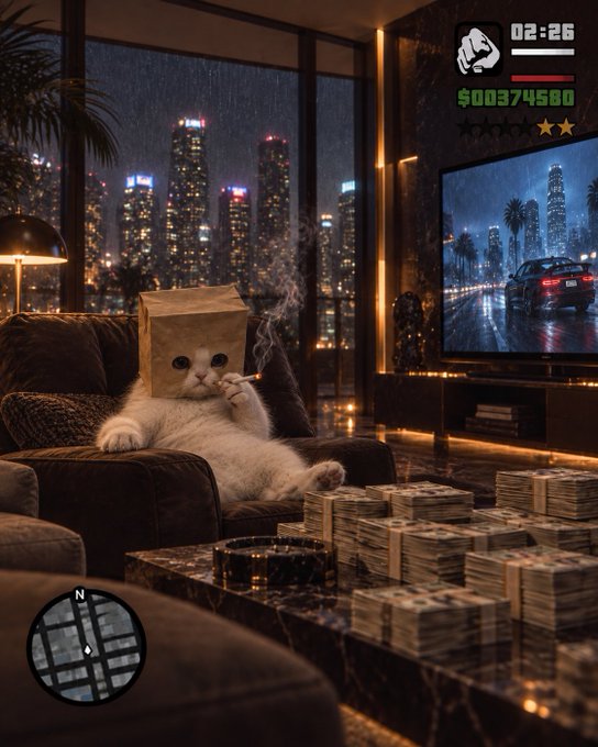 A stylized scene of a cat wearing a paper bag smoking a cigarette on a couch in a luxurious apartment overlooking a rainy cityscape, with stacks of cash on the table and a GTA-style HUD showing $00374580.