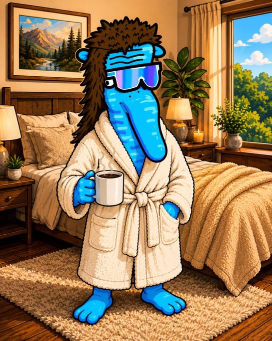 A cartoon illustration of a blue character with shaggy hair and sunglasses, wearing a white bathrobe and holding a coffee mug, standing in a cozy bedroom.