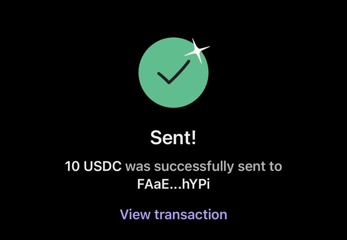 A confirmation screen showing "Sent!" with a green checkmark indicates that 10 USDC was successfully sent to address FAaE...hYPi, with a link to view the transaction. This serves as proof of the $10 USDC transfer mentioned in the accompanying giveaway post to @0xganny.