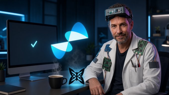 A man wearing a lab coat and a head-mounted display device sits next to a monitor, with glowing blue graphics and circuitry motifs in the background.