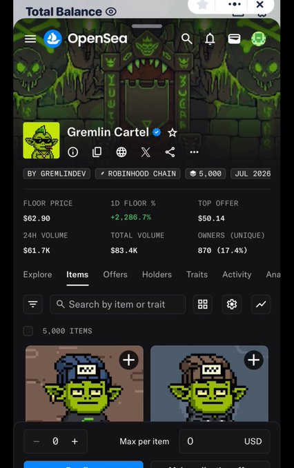 A screenshot of the OpenSea NFT marketplace displaying a collection called "Gremlin Cartel" on the Robinhood Chain, showing a floor price of $62.90 and pixel art gremlin items.