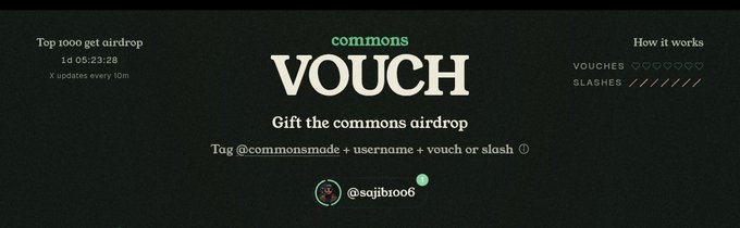 A 'commons VOUCH' airdrop interface with text instructing users to 'Tag @commonsmade + username + vouch or slash', showing 5/5 vouchers used.