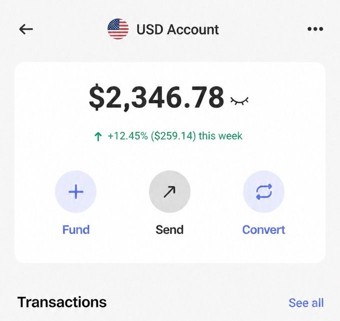 USD Account screen showing balance of $2,346.78 with a +12.45% (+$259.14) weekly gain, featuring Fund, Send, and Convert options.