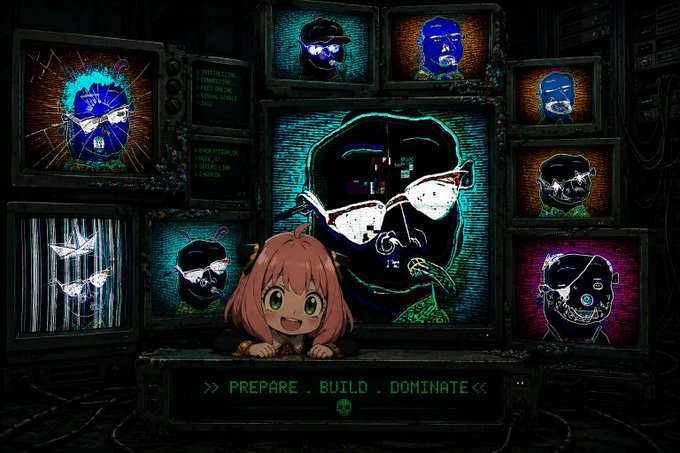 Anime-style illustration of a pink-haired character in front of a wall of glitchy CRT monitors displaying hooded hacker figures, with the text '>> PREPARE . BUILD . DOMINATE <<'.